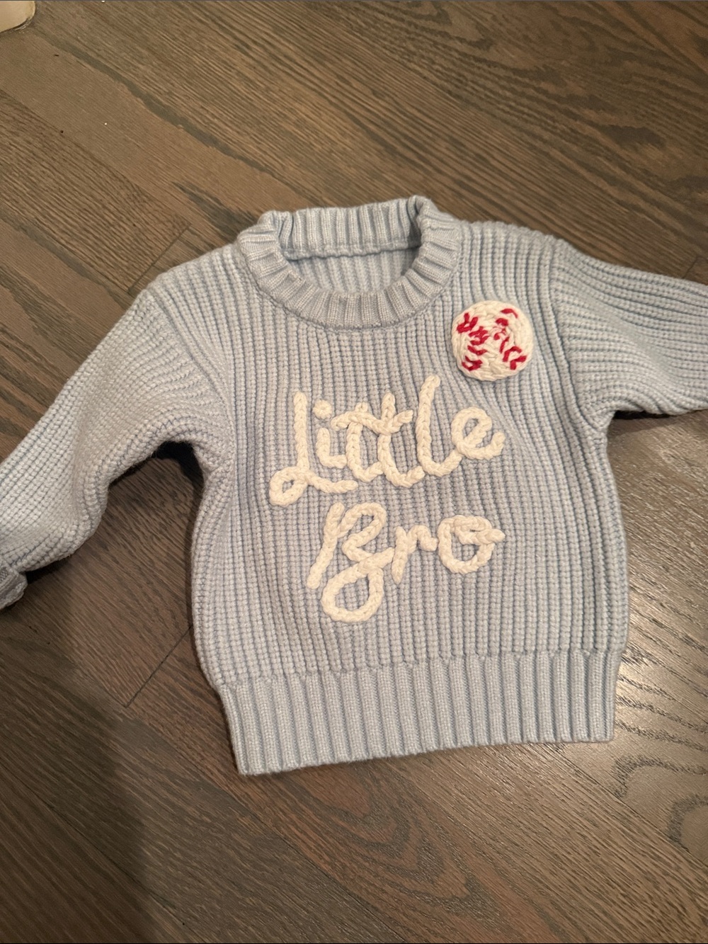 Baby Boy Little Bro Baseball Sweater 0-3M Blue Knit Pullover - Picture 2 of 4